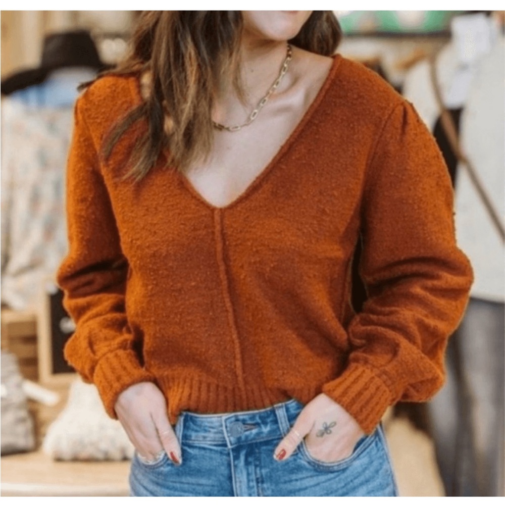 Free People Reverie V-Neck Knit Sweater Balloon Sleeve